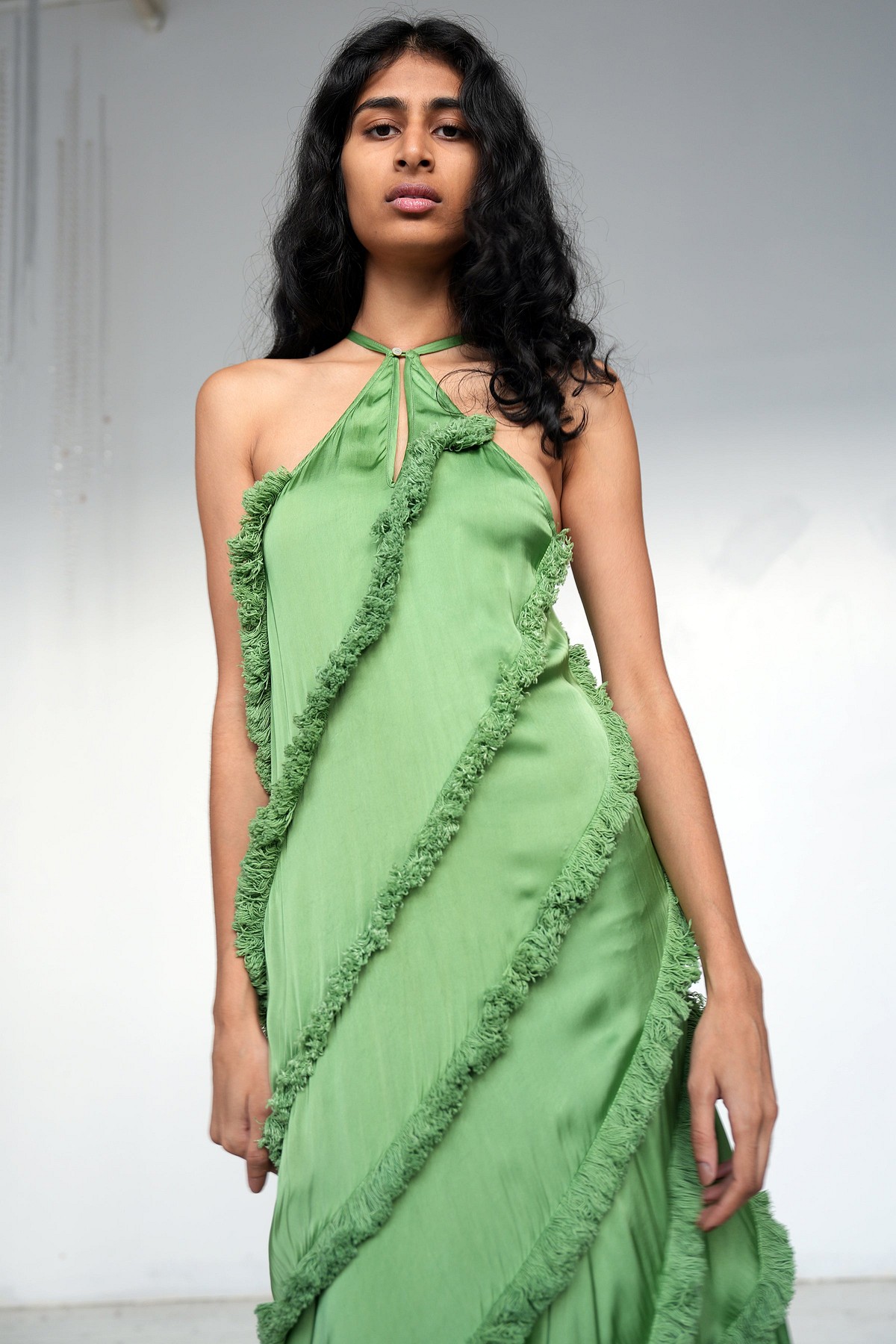 silk fringe dress The Yanga Fringe Dress Mustard Satin Midi