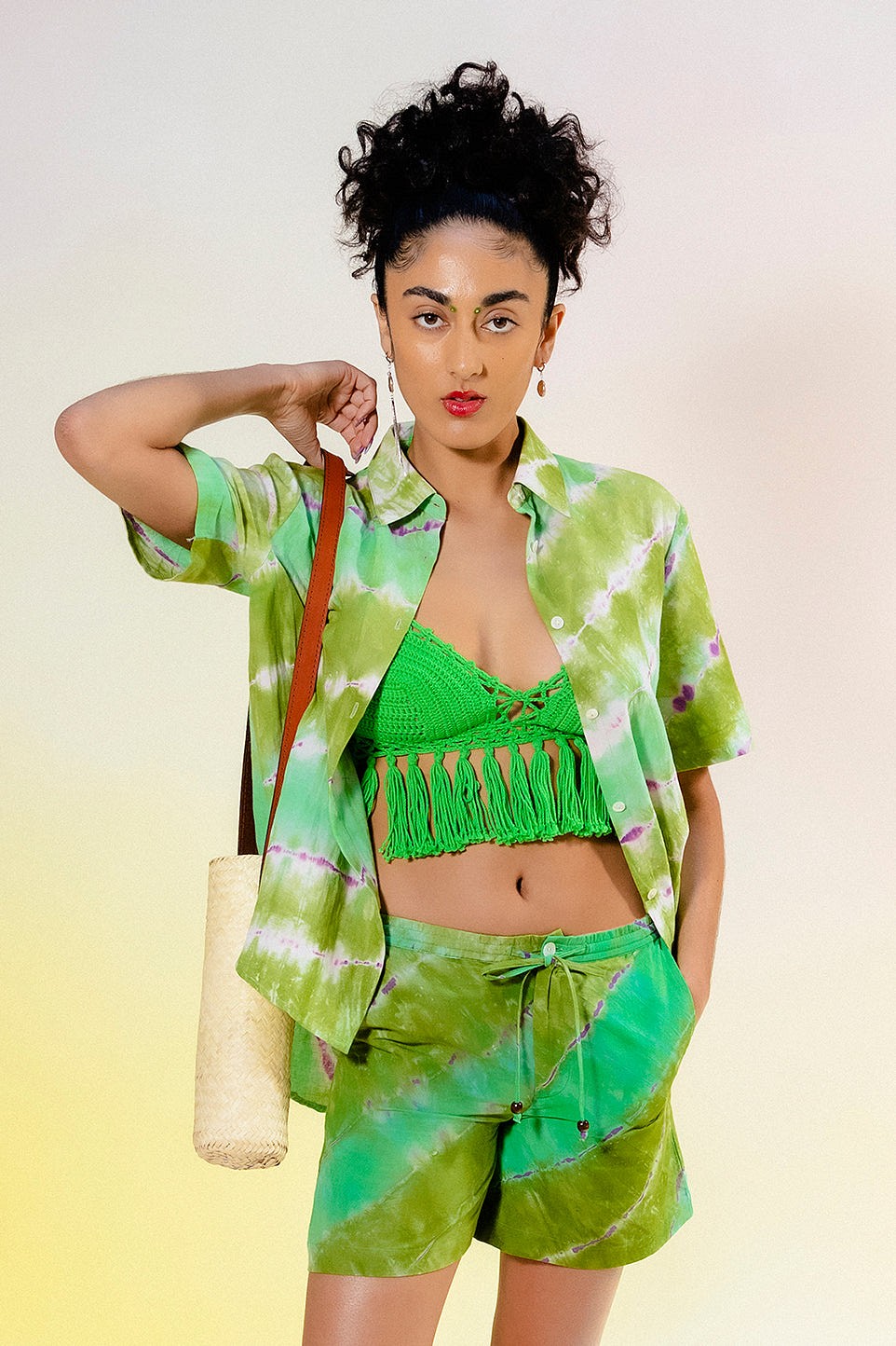 Green Bra Top with Tie Dye Shorts and Short-sleeve top 