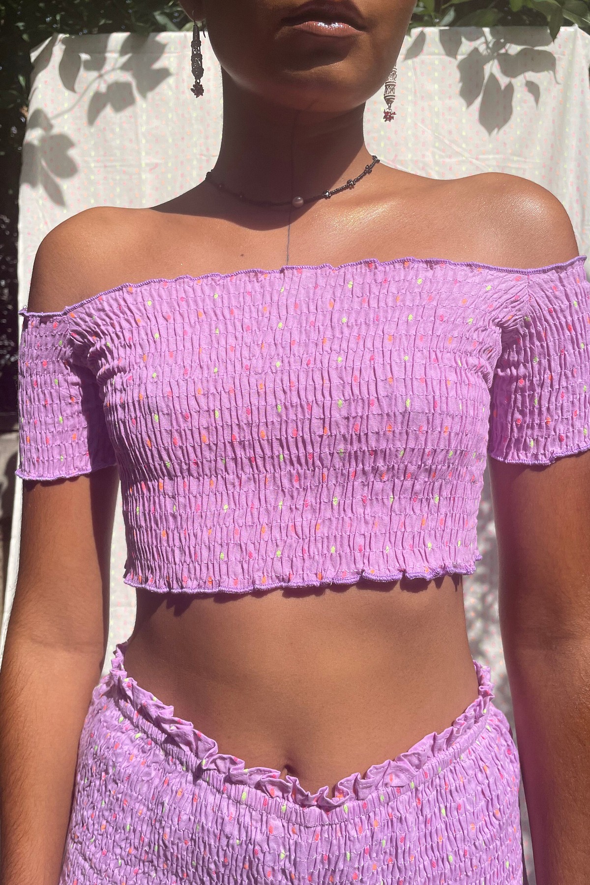 Pink smocked off the best sale shoulder top