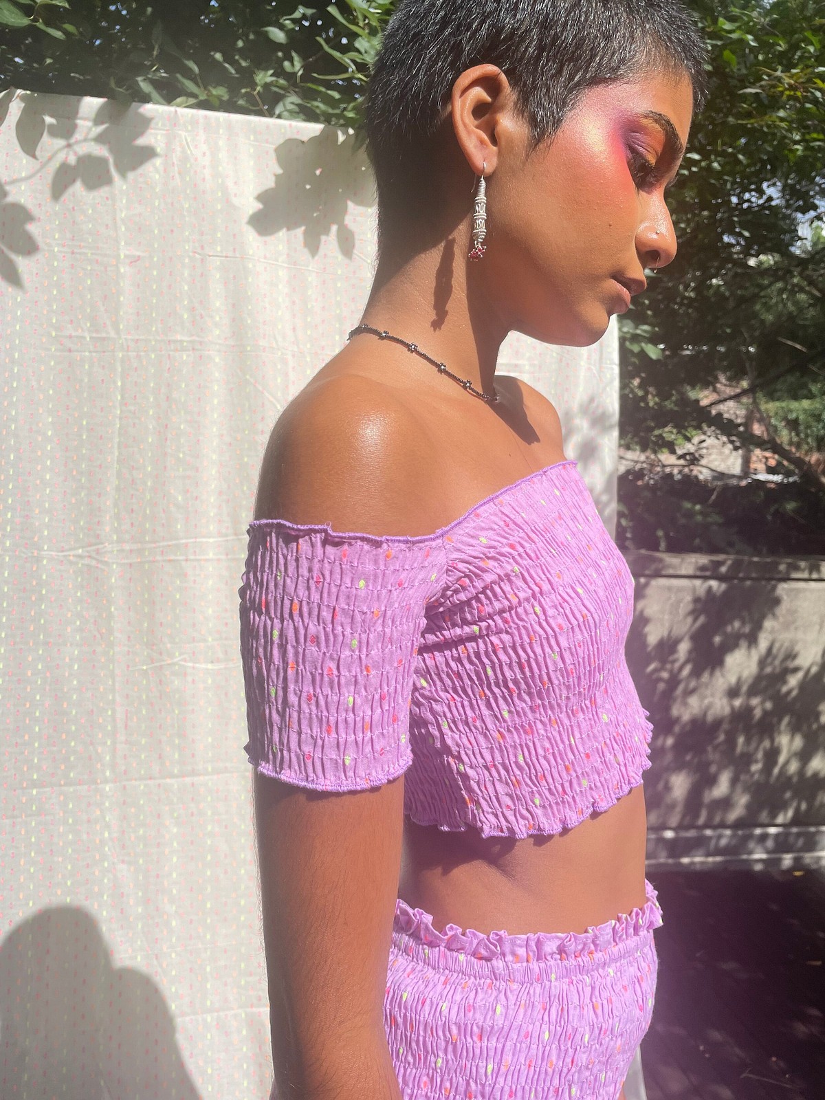 Pink smocked off store the shoulder top